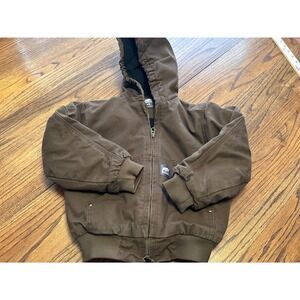 Berne Kids Brown Canvas Hooded Work Jacket Size XS Full Zip Fleece Lined Coat